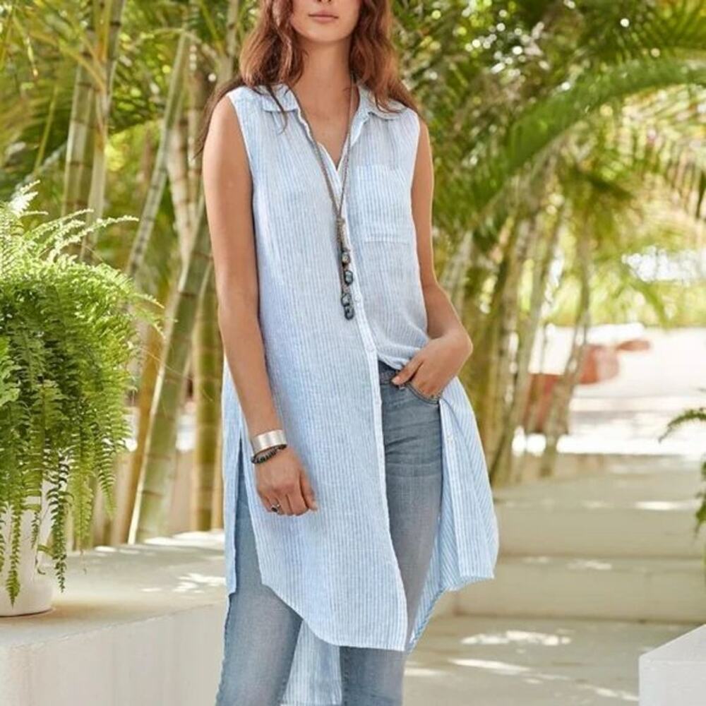 Sundance Pure Linen Blue/White Striped Flowing Longline Button Down Tank Tunic